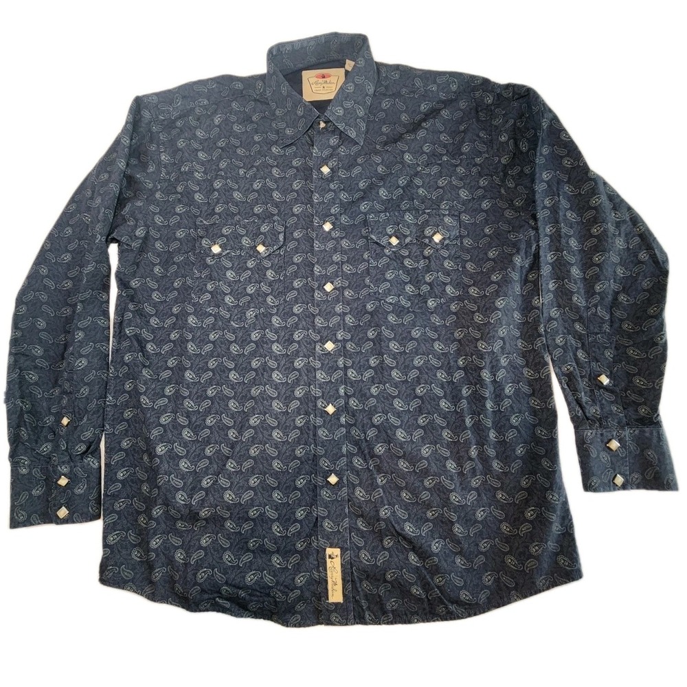 LARRY MAHAN Cowboy Collection Mens L Blue Paisley Western Pearl Snap Ranch Rodeo